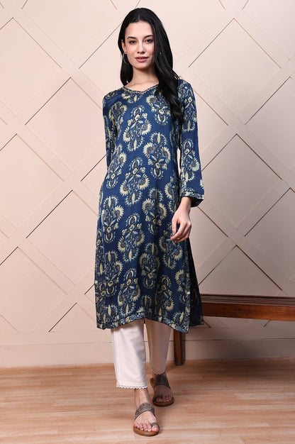 Buy Blue Ajrak Printed Satin Straight Kurta with Sequin Work Online for Woman | WforWoman Buy Blue Ajrak Printed Satin Straight Kurta with Sequin Work Online for Woman | WforWoman