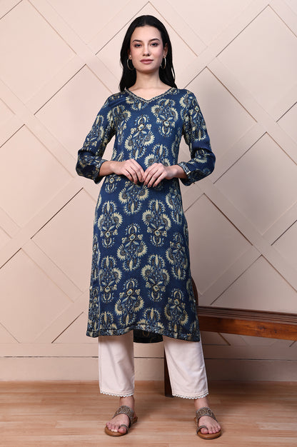 Blue Ajrak Printed Satin Straight Kurta with Sequin Work