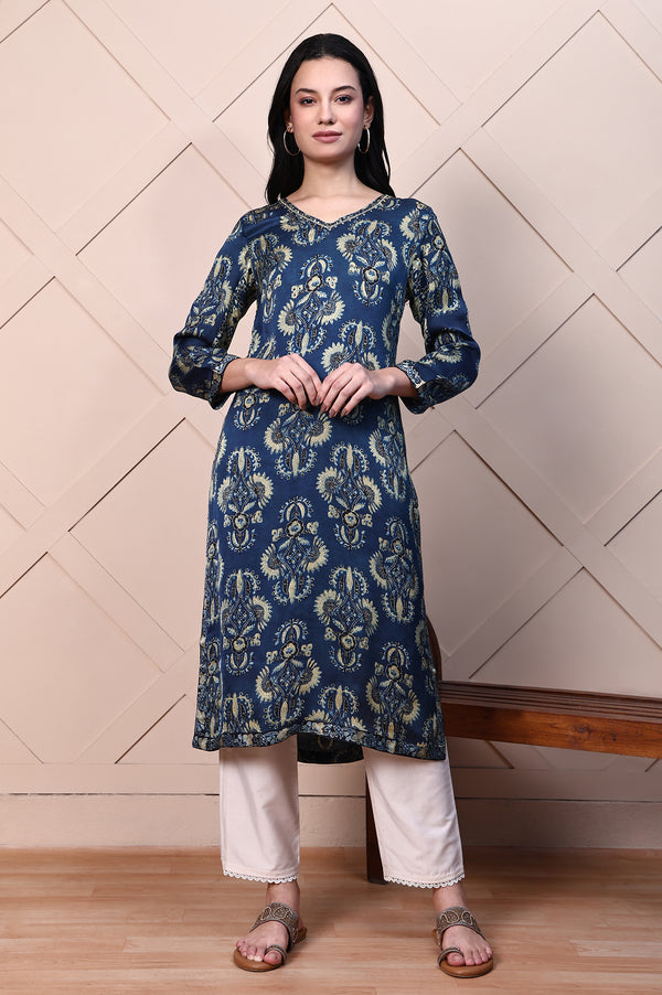 Blue Ajrak Printed Satin Straight Kurta with Sequin Work