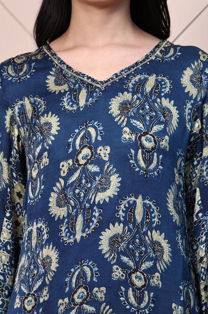 Blue Ajrak Printed Satin Straight Kurta with Sequin Work