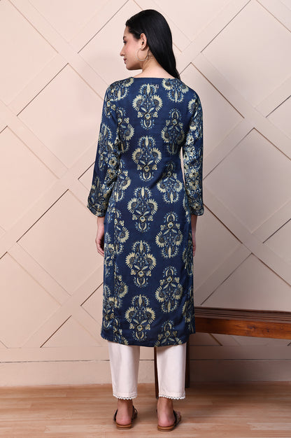 Blue Ajrak Printed Satin Straight Kurta with Sequin Work