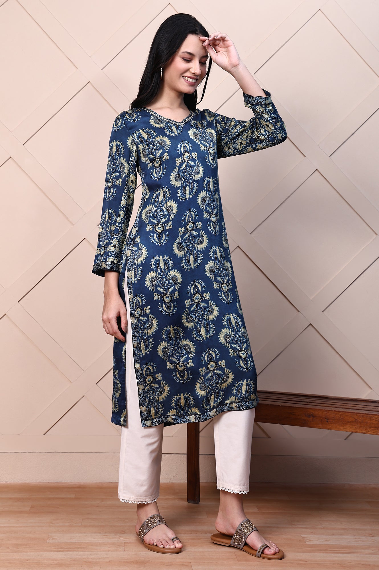 Blue Ajrak Printed Satin Straight Kurta with Sequin Work