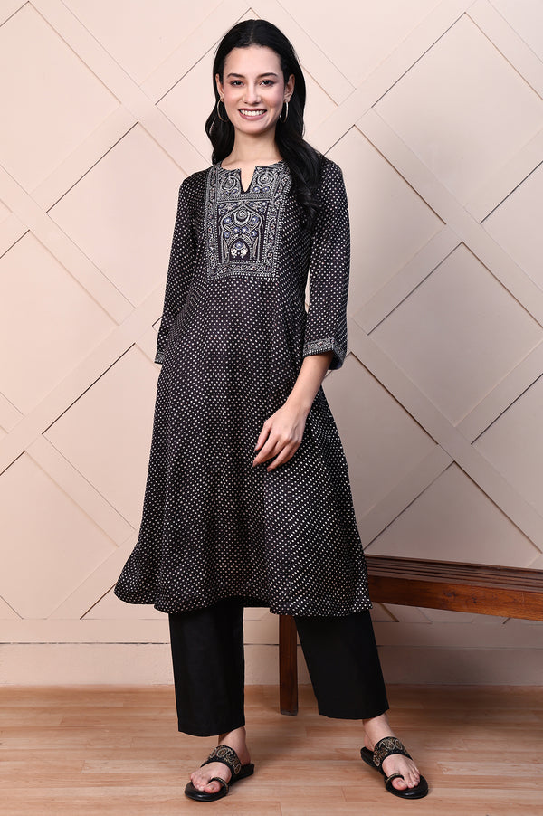 Black Polka Printed Satin A-lineKurta with Thread Embroidery
