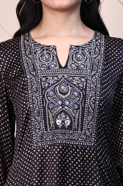 Black Polka Printed Satin A-lineKurta with Thread Embroidery