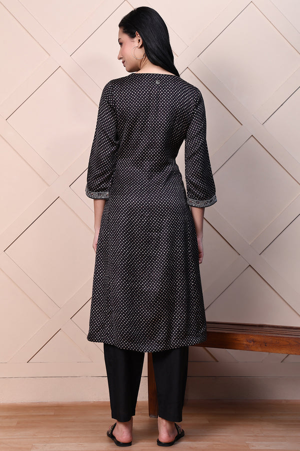 Black Polka Printed Satin A-lineKurta with Thread Embroidery