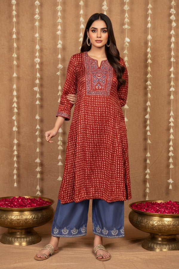 Red Floral Embroidered Straight Modal Satin Kurta