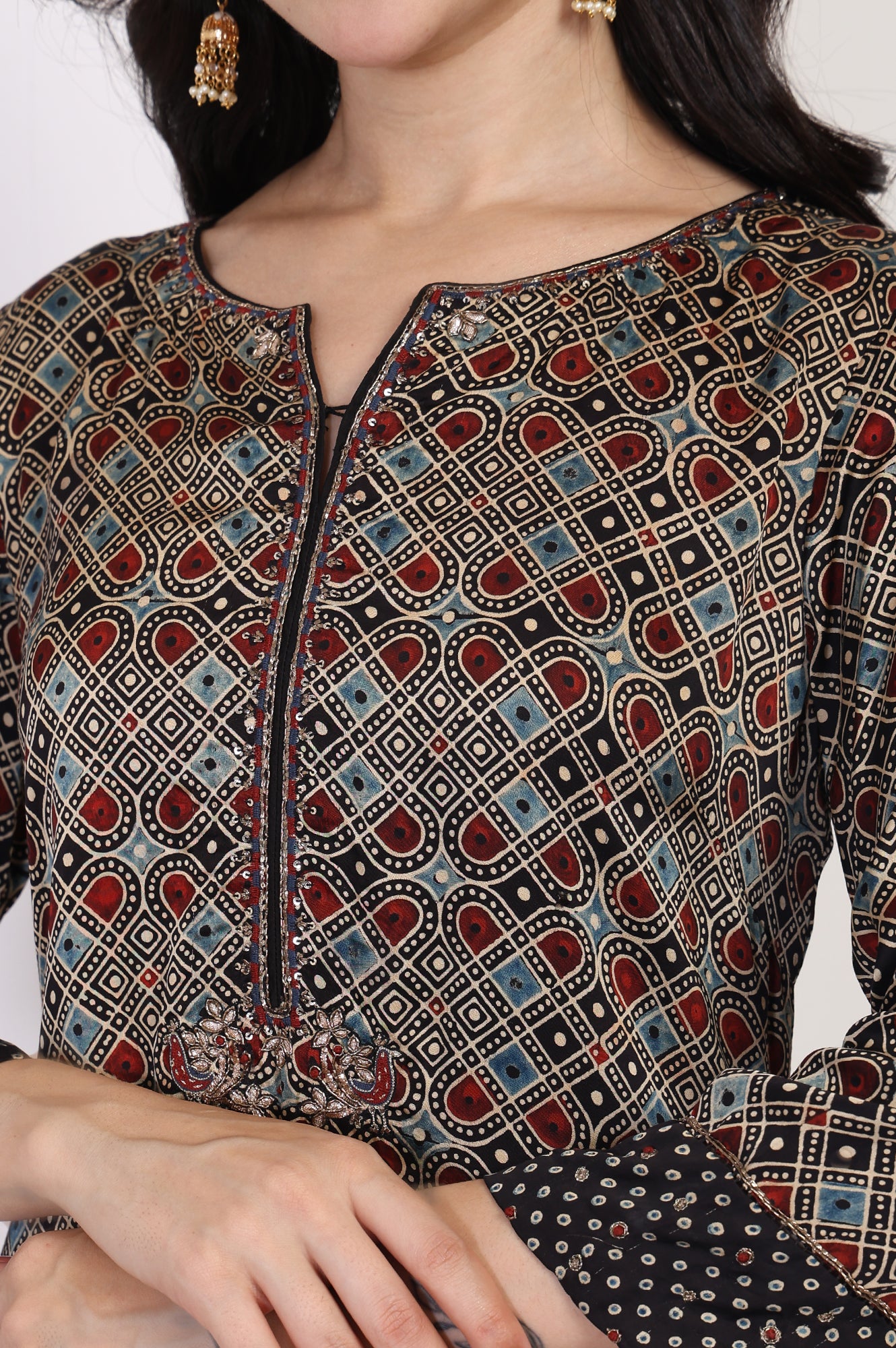 Black Geometric Printed Embellished A-Line Satin Kurta