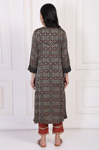 Black Geometric Printed Embellished A-Line Satin Kurta