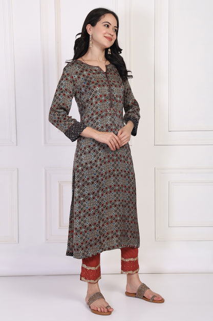 Black Geometric Printed Embellished A-Line Satin Kurta