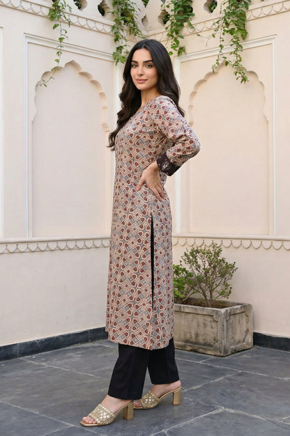 Beige Geometric Printed Sequins Satin Straight Kurta