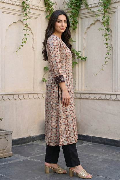 Beige Geometric Printed Sequins Satin Straight Kurta