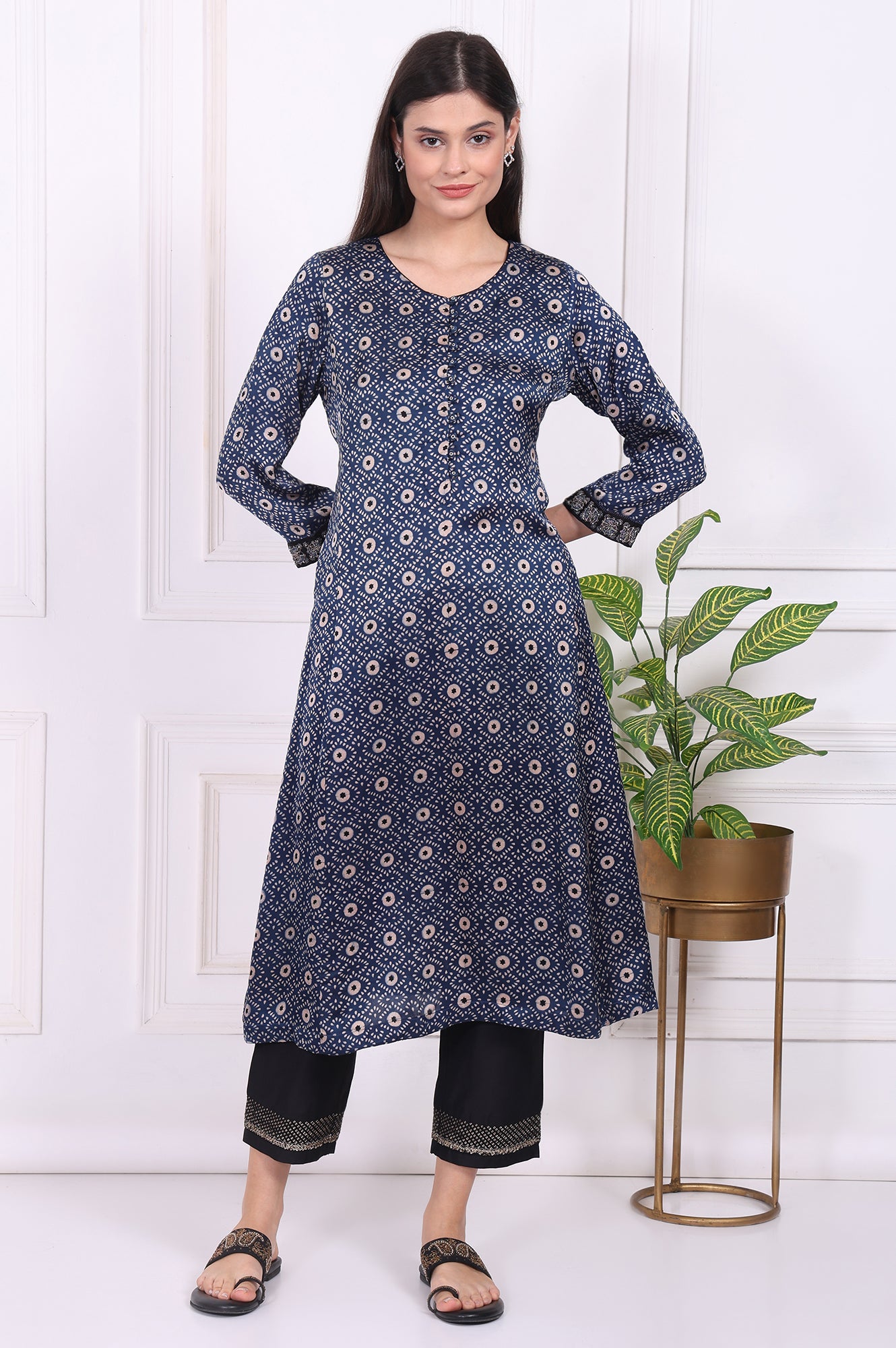 Navy Blue Geometric Printed Embroidered Modal Satin Straight Kurta
