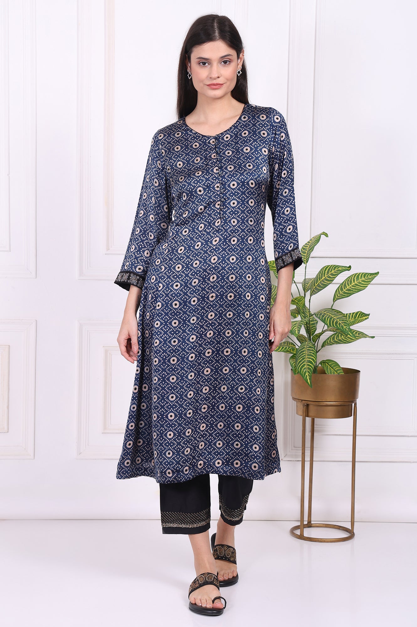 Navy Blue Geometric Printed Embroidered Modal Satin Straight Kurta