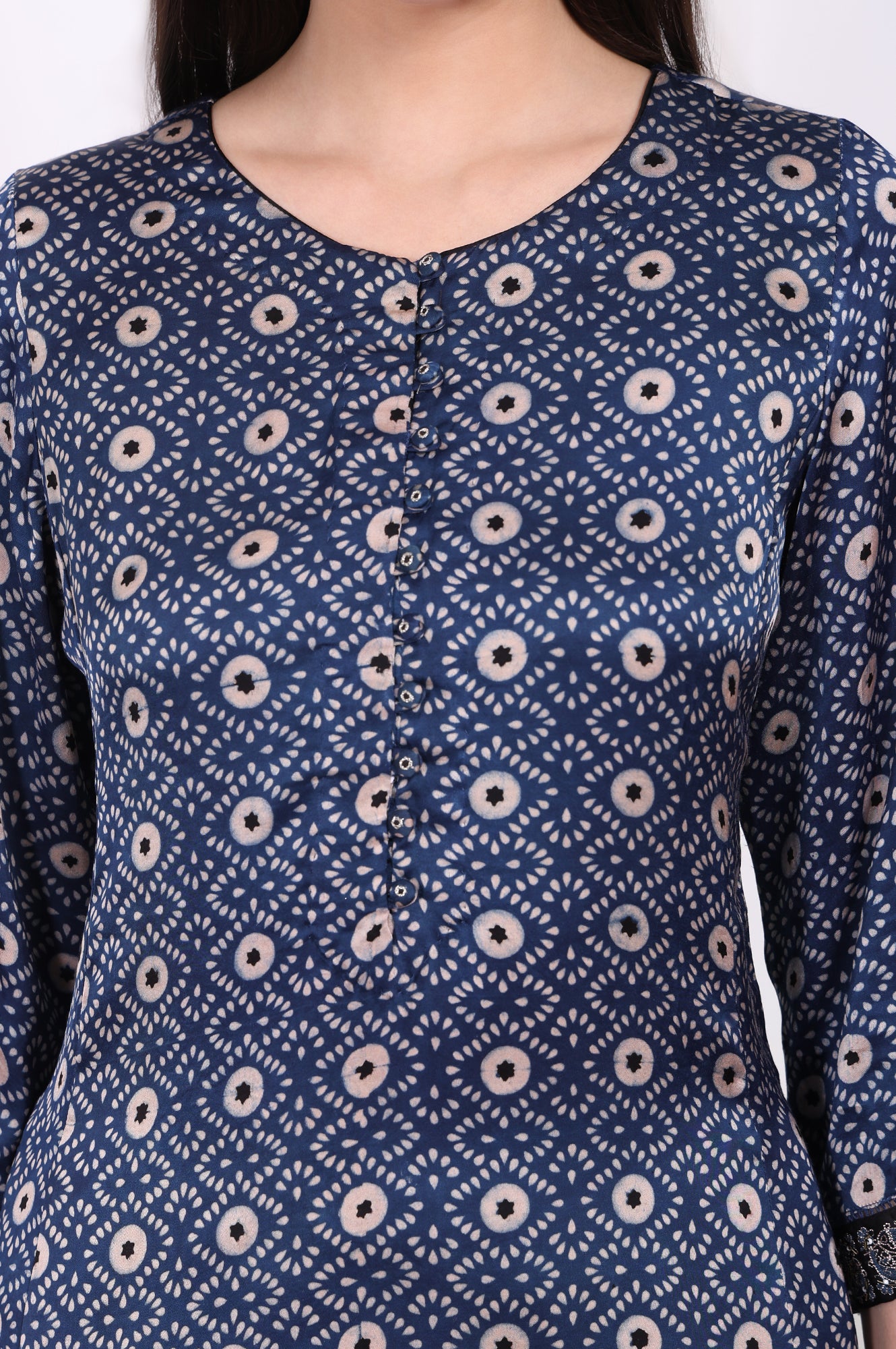 Navy Blue Geometric Printed Embroidered Modal Satin Straight Kurta