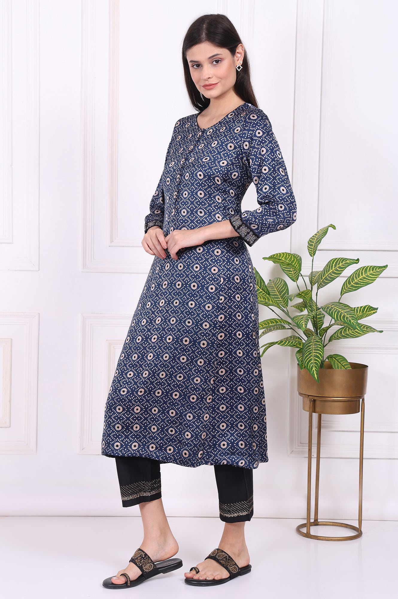 Navy Blue Geometric Printed Embroidered Modal Satin Straight Kurta