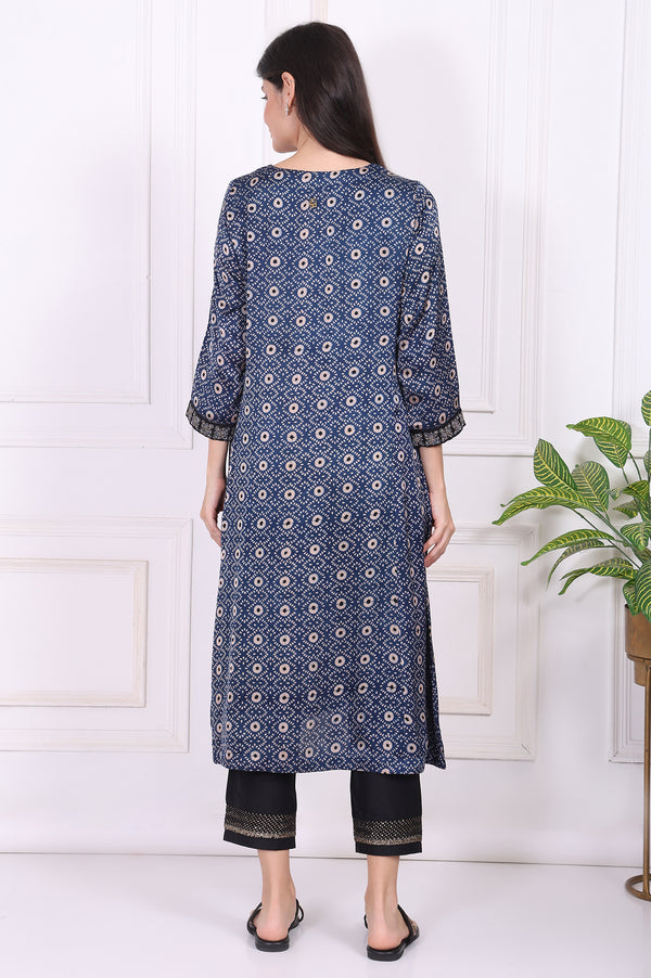 Navy Blue Geometric Printed Embroidered Modal Satin Straight Kurta