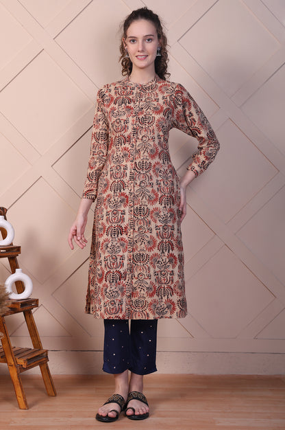 Beige Kalamkari Printed Pure Cotton Straight Kurta
