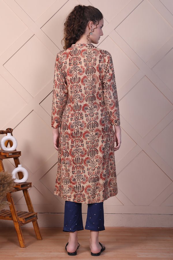 Beige Kalamkari Printed Pure Cotton Straight Kurta