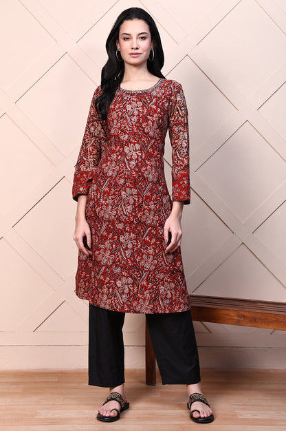 Red Kalamkari Printed Pure Cotton Straight Casual Kurta with Mirror Work