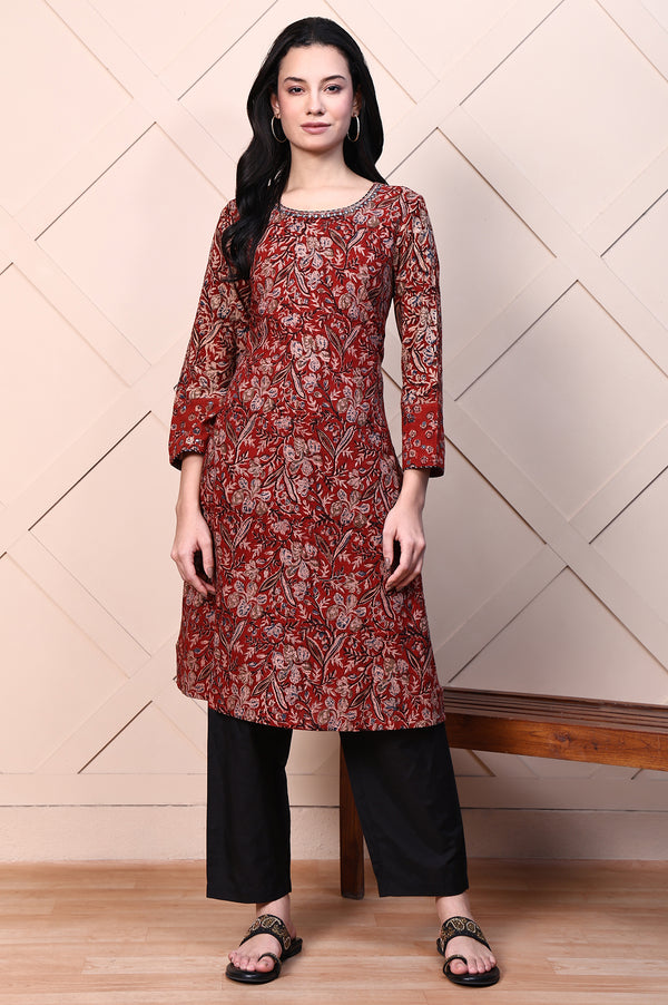Red Kalamkari Printed Pure Cotton Straight Casual Kurta with Mirror Work