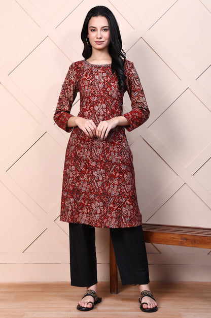 Red Kalamkari Printed Pure Cotton Straight Casual Kurta with Mirror Work