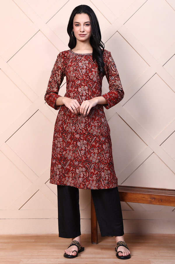 Red Kalamkari Printed Pure Cotton Straight Casual Kurta with Mirror Work