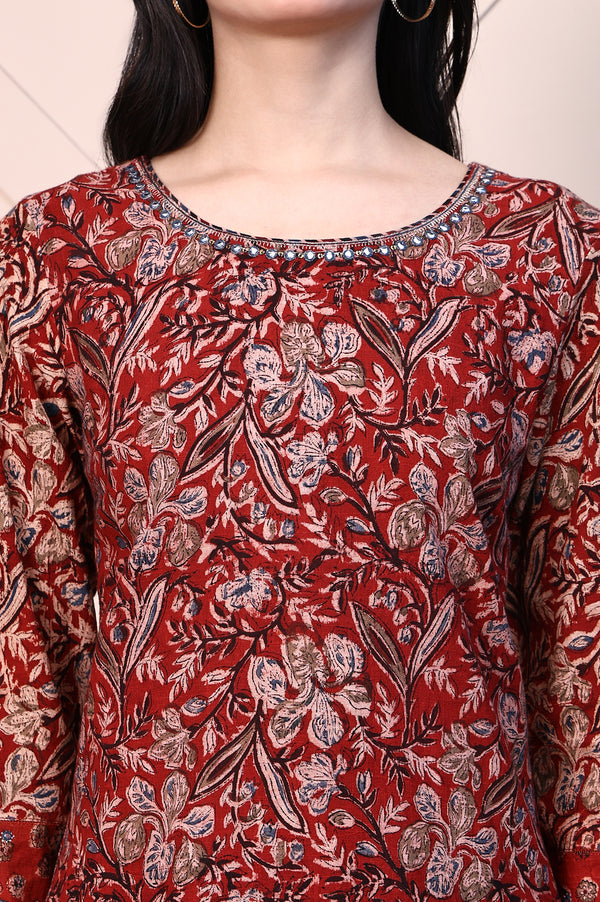 Red Kalamkari Printed Pure Cotton Straight Casual Kurta with Mirror Work