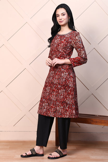 Red Kalamkari Printed Pure Cotton Straight Casual Kurta with Mirror Work