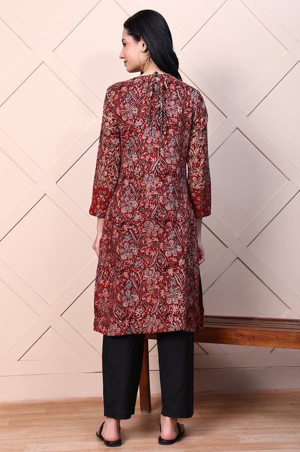 Red Kalamkari Printed Pure Cotton Straight Casual Kurta with Mirror Work