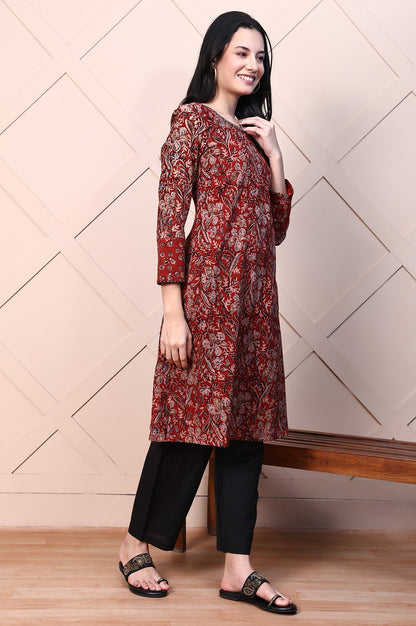 Red Kalamkari Printed Pure Cotton Straight Casual Kurta with Mirror Work