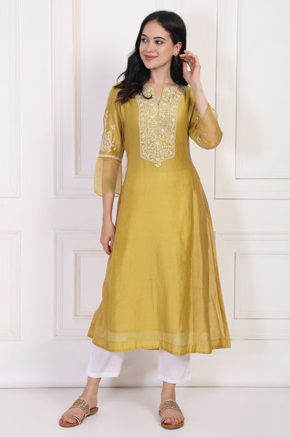 Mustard Embroidered A-Line Cotton Kurta