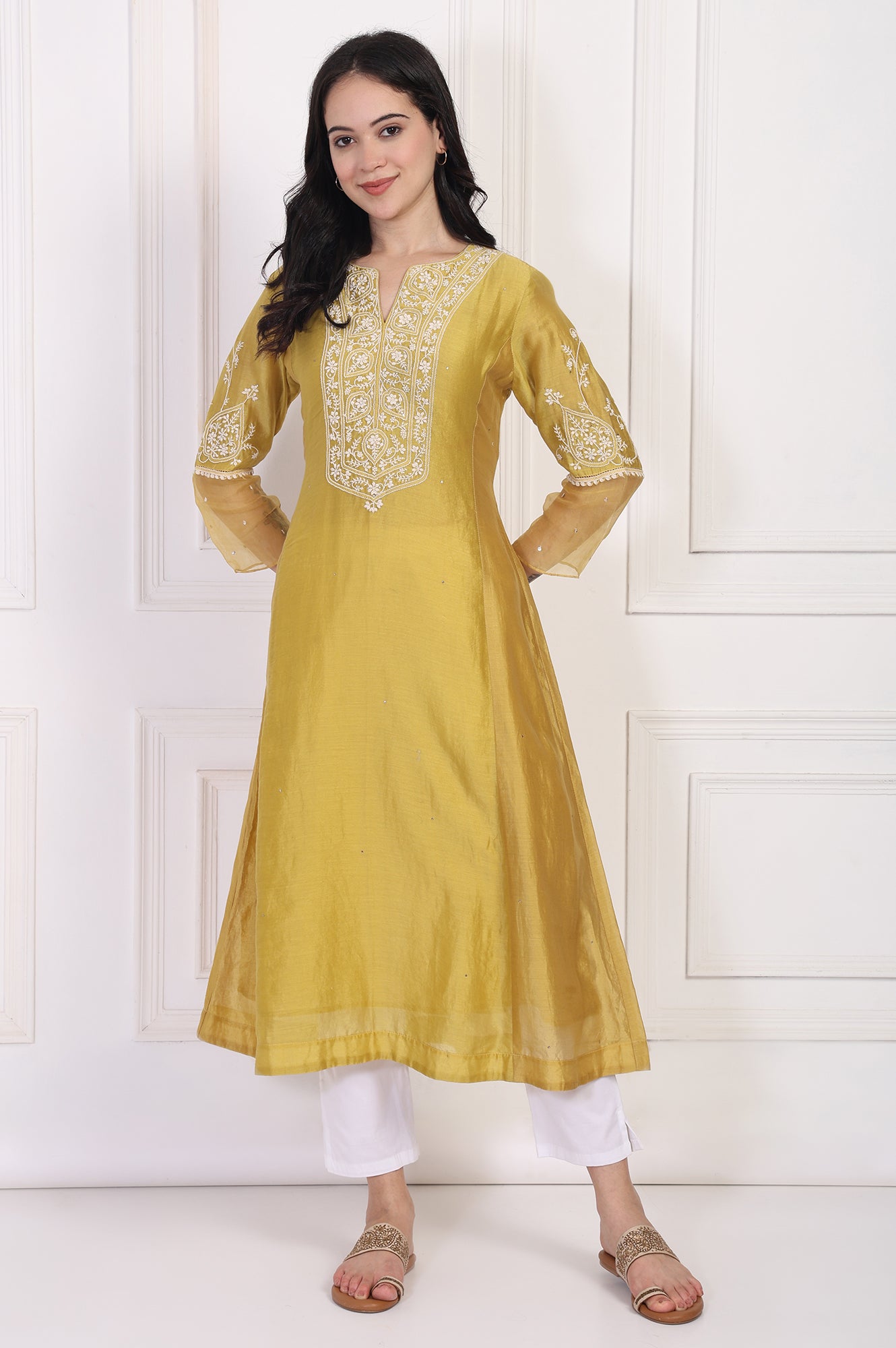 Mustard Embroidered A-Line Cotton Kurta