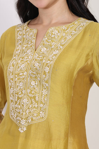 Mustard Embroidered A-Line Cotton Kurta