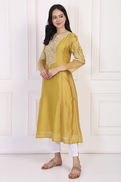 Mustard Embroidered A-Line Cotton Kurta