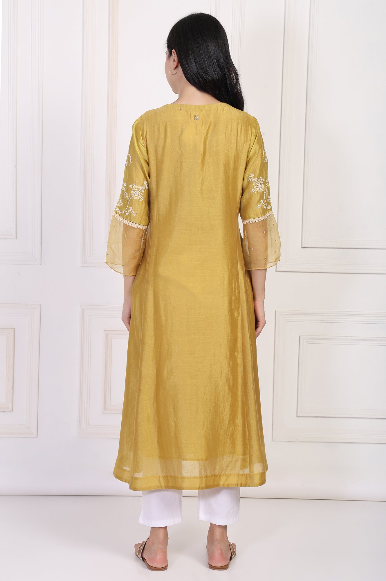 Mustard Embroidered A-Line Cotton Kurta