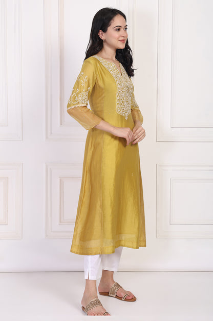 Mustard Embroidered A-Line Cotton Kurta