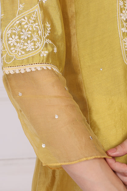 Mustard Embroidered A-Line Cotton Kurta