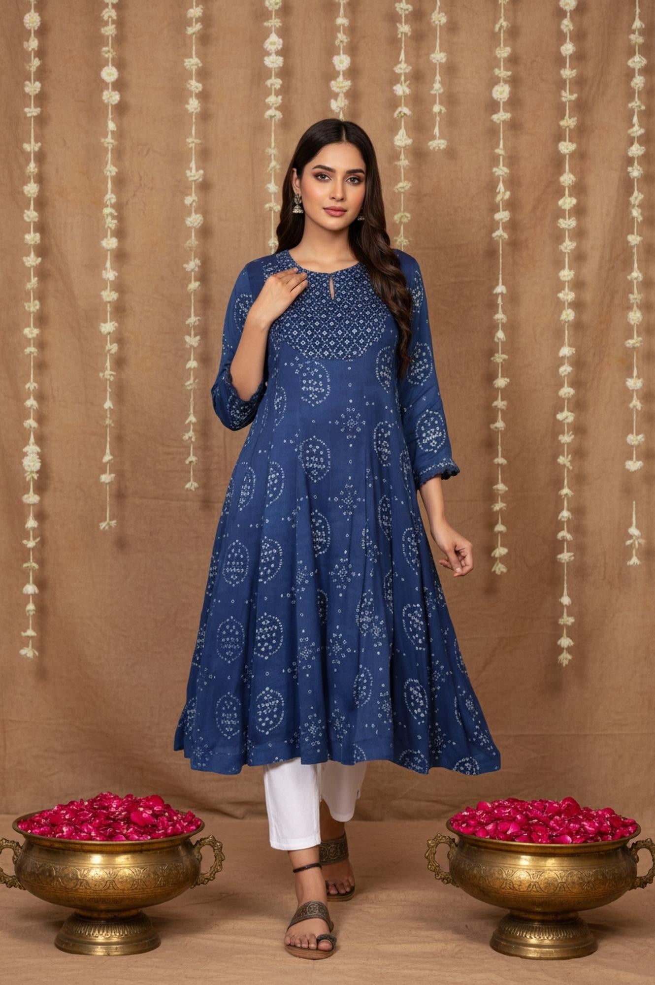 Blue Bandhani Mirror Work Flared Modal Satin Kurta