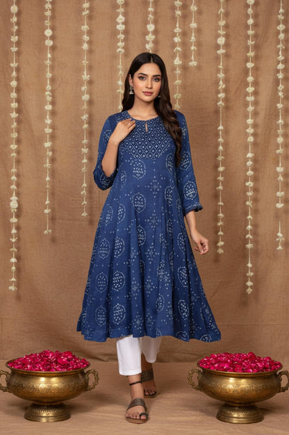 Blue Bandhani Mirror Work Flared Modal Satin Kurta