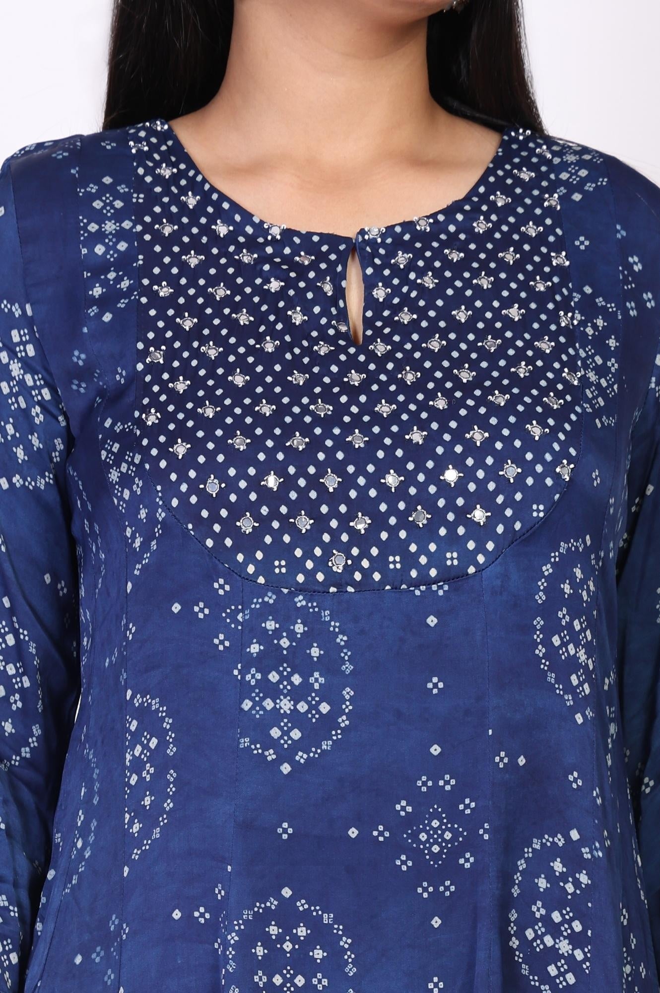 Blue Bandhani Mirror Work Flared Modal Satin Kurta