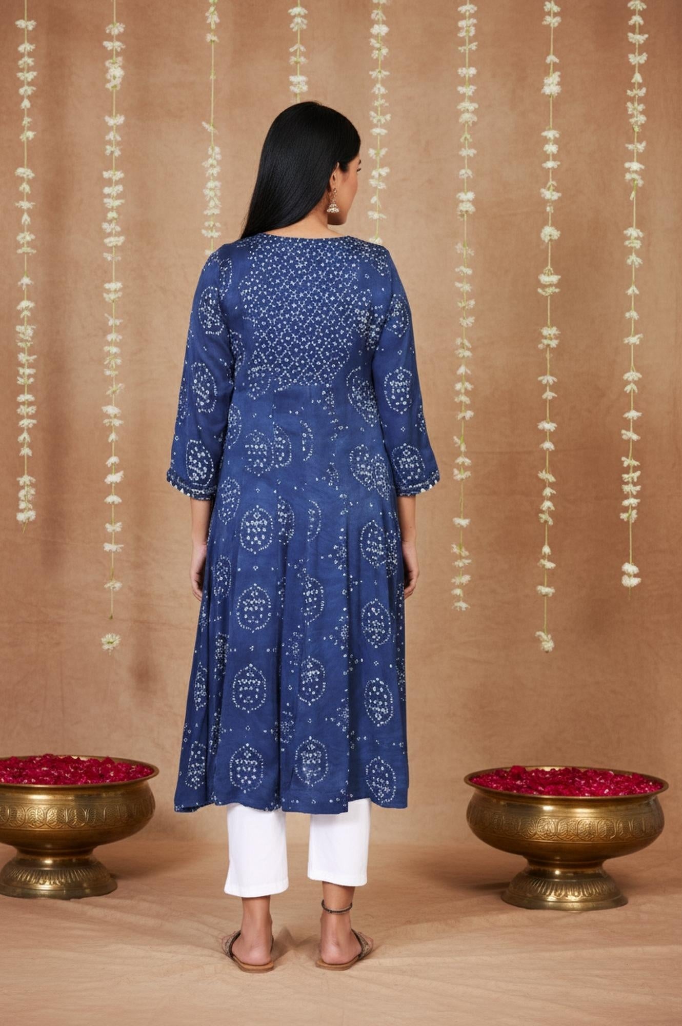 Blue Bandhani Mirror Work Flared Modal Satin Kurta