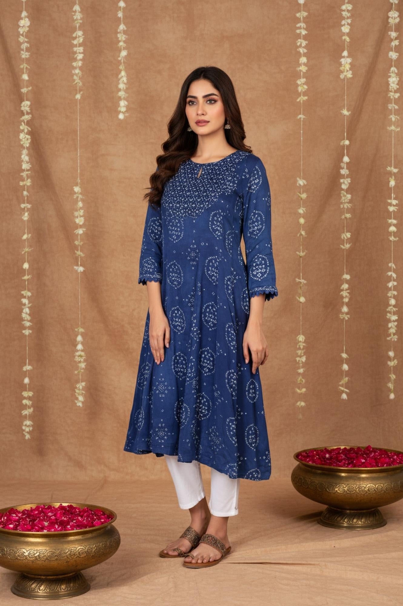 Blue Bandhani Mirror Work Flared Modal Satin Kurta