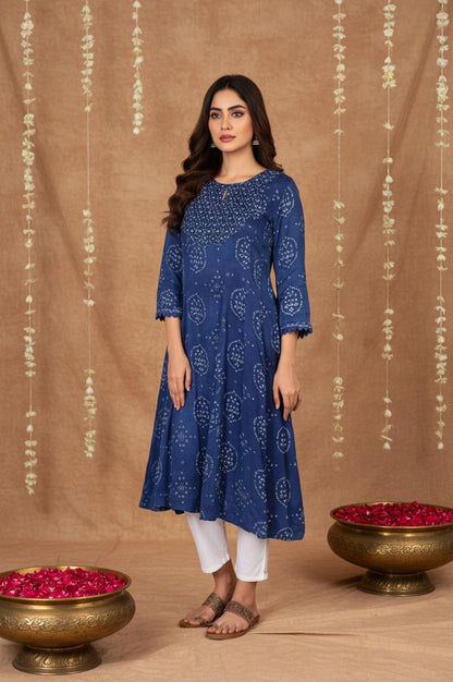Blue Bandhani Mirror Work Flared Modal Satin Kurta