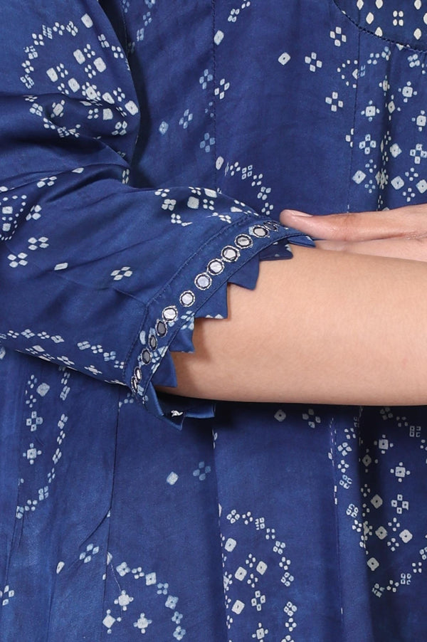 Blue Bandhani Mirror Work Flared Modal Satin Kurta
