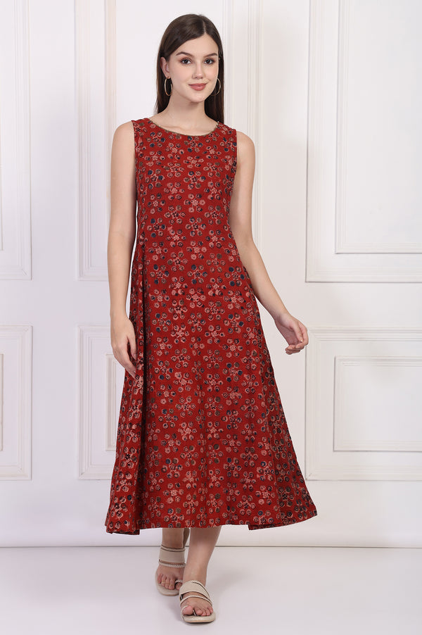 Maroon Floral Printed Cotton A-Line Dress