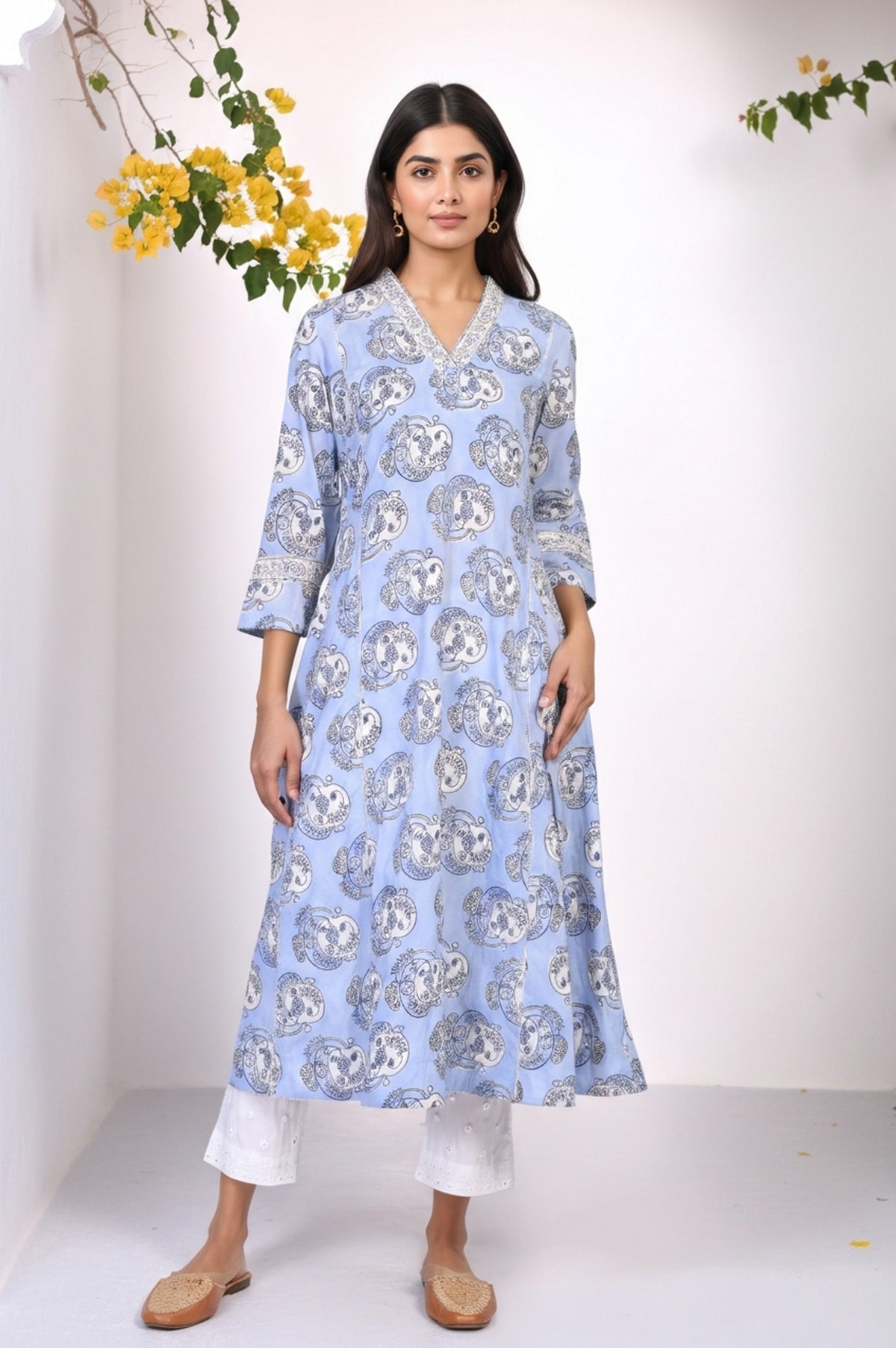 Blue Block Print Sequined Flared Cotton Kurta - XS