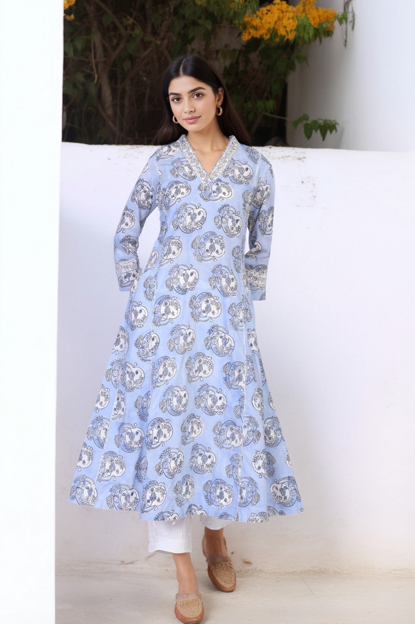 Blue Block Print Sequined Flared Cotton Kurta