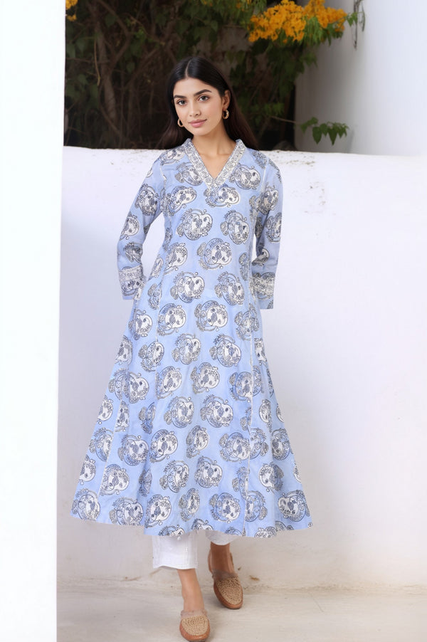 Blue Block Print Sequined Flared Cotton Kurta