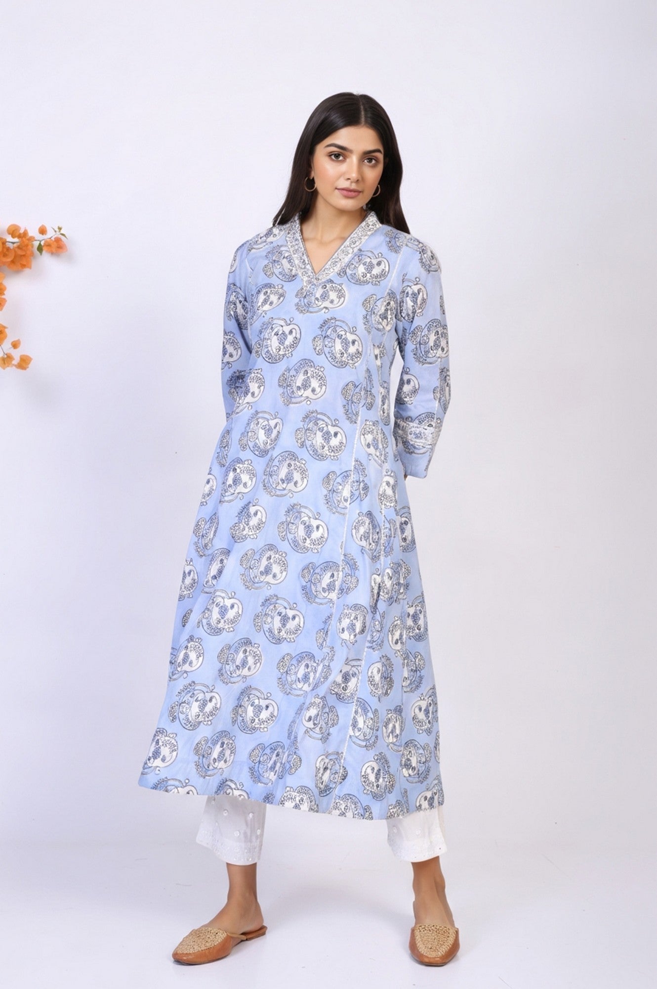 Blue Block Print Sequined Flared Cotton Kurta