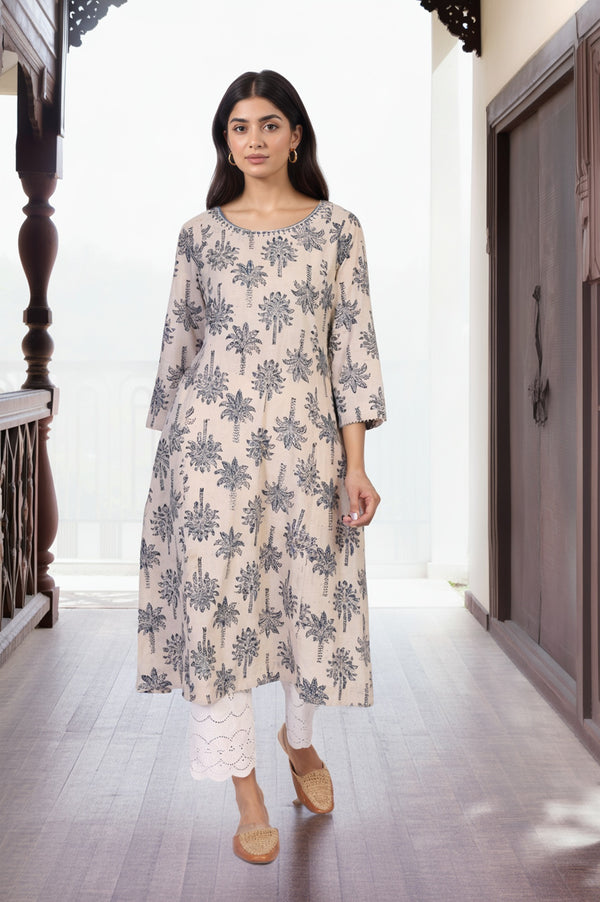 Beige Kalamkari Mirror Work A-Line Cotton Kurta